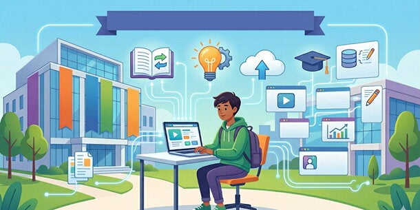 A man is working on a computer. Several icons float above his head.