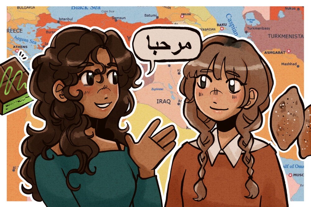 Woman explaining Arabic vocabulary to another woman, in front of a map of the Middle East