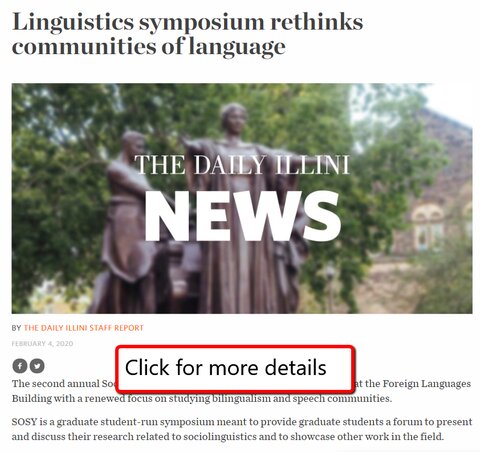Image showing article from Daily Illini:  Sociolinguistics Symposium saying Click Here for more details