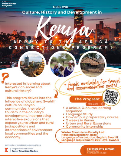 Poster with photos of a city at dusk and photos showcasing Kenyan people and architecture
