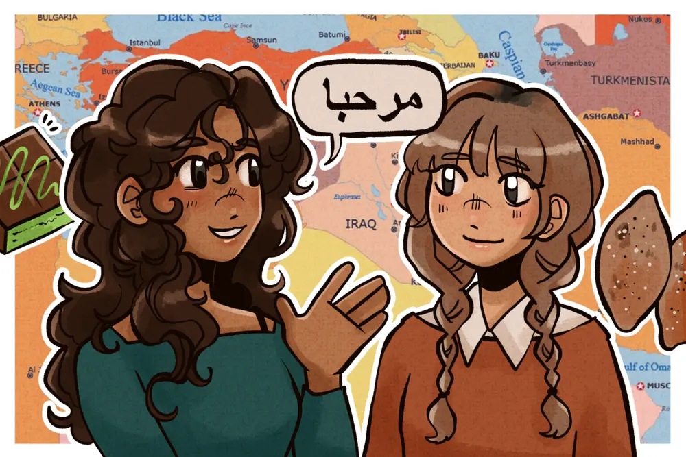 Woman explaining Arabic vocabulary to another woman, in front of a map of the Middle East